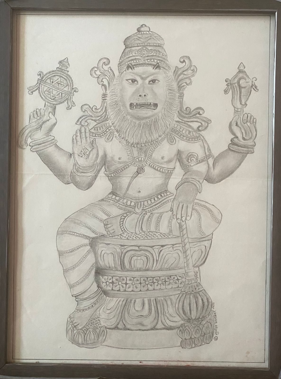 Detailed pencil drawing of Lord Narasimha seated on a lotus pedestal